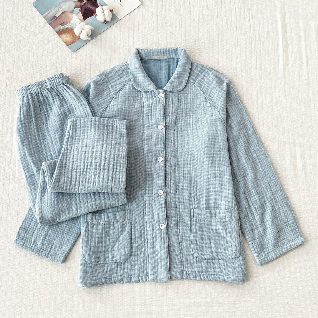 綿100%の4重構造のガーゼ地パジャマ メンズ レディース M/L/XL 紳士 婦人 ガーゼパジャマ 前開き 4重ガーゼ 選べる4色 快眠パジャマ 女性用 母の日 敬老の日 誕生日 古希 喜寿 傘寿 米寿 卒寿 白寿 お祝い 入院 敏感肌 低刺激