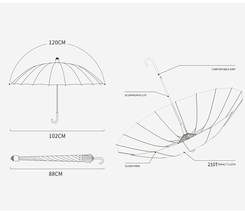 長傘 16本骨 雨傘 和傘 高級感 超大きい J型 手動 瞬間収納 簡単収納 床濡れない 撥水 収納カバー付き メンズ レディース 大判 直径106cm 耐風傘 無地 豪雨対応 超高強度
